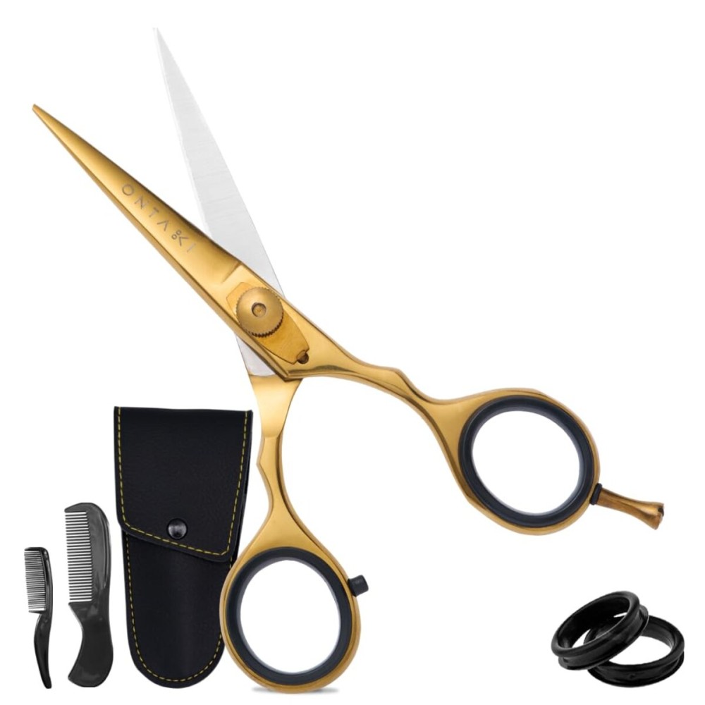 Ontaki Japanese Steel Beard & Hair Trimming Scissors - Precision Convex Blades Hair Cutting Scissors - Adjustable Tension Knob Barber Shears - Rubber Ring Grip & Mustache Comb - Gold Brass, 5.5 in