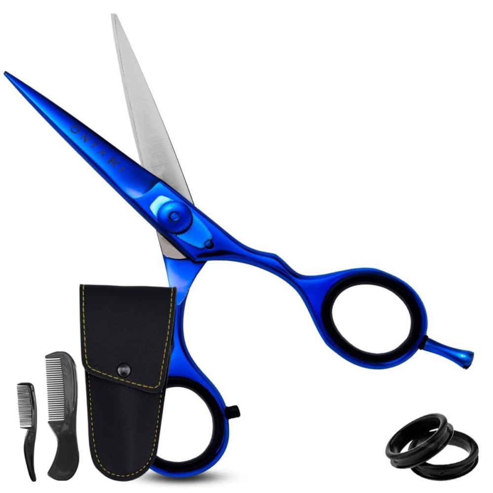 Ontaki Japanese Steel Beard & Hair Scissors - Safe Rounded Tips & Mustache Comb - Ergonomic Grip Beard Scissors for Men - Professional Craftsmanship Barber Shears - Midnight Blue, 5.5