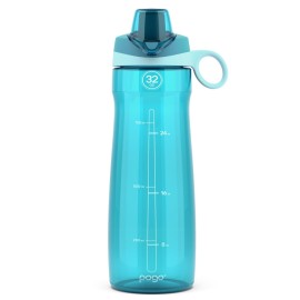 Pogo 32oz Plastic Water Bottle with Soft Straw Lid and Carry Handle, Reusable, BPA Free, Dishwasher Safe, Perfect for Travel, School, Outdoors, and Gym, Sky