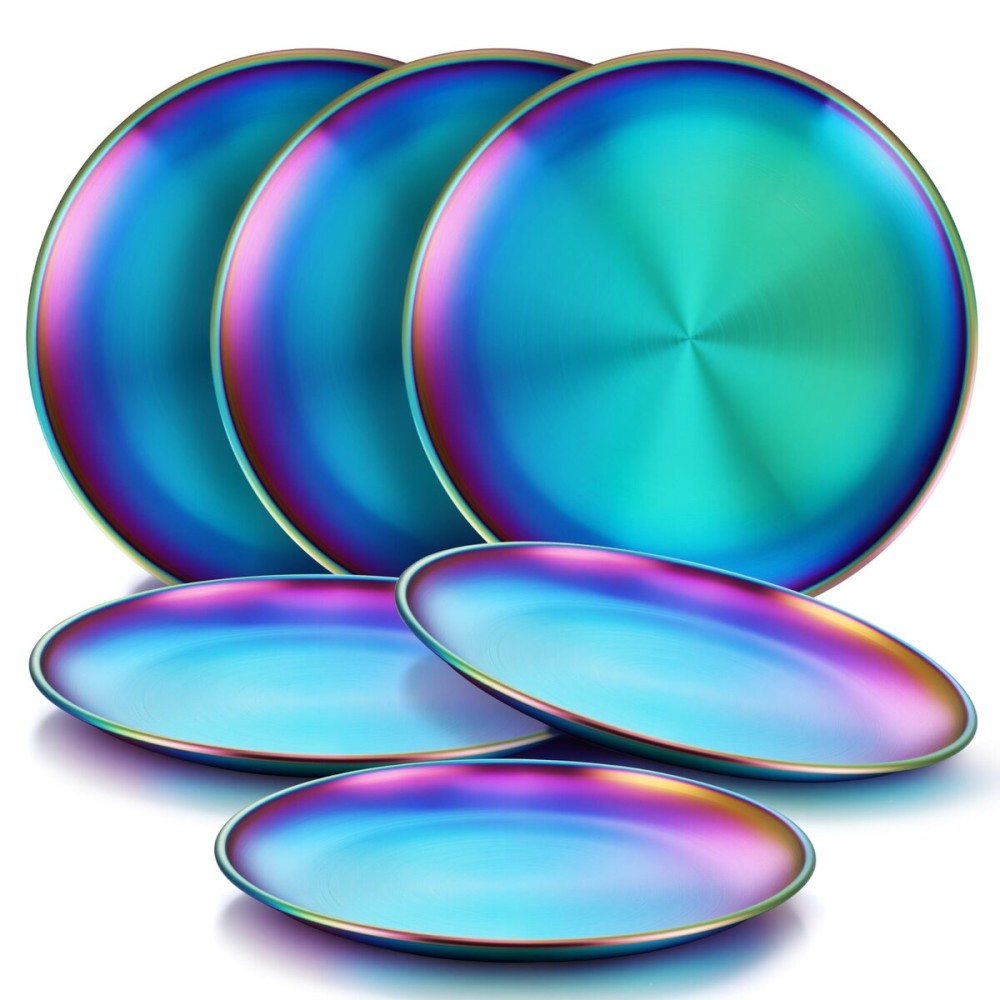HaWare 6-Piece 18/8 Stainless Steel Plates, Metal 304 Dinner Dishes for Kids Toddlers Children, 8 Inch Colorful Feeding Serving Camping Plates, Reusable Dinnerware, Non-toxic, Dishwasher Safe, Rainbow