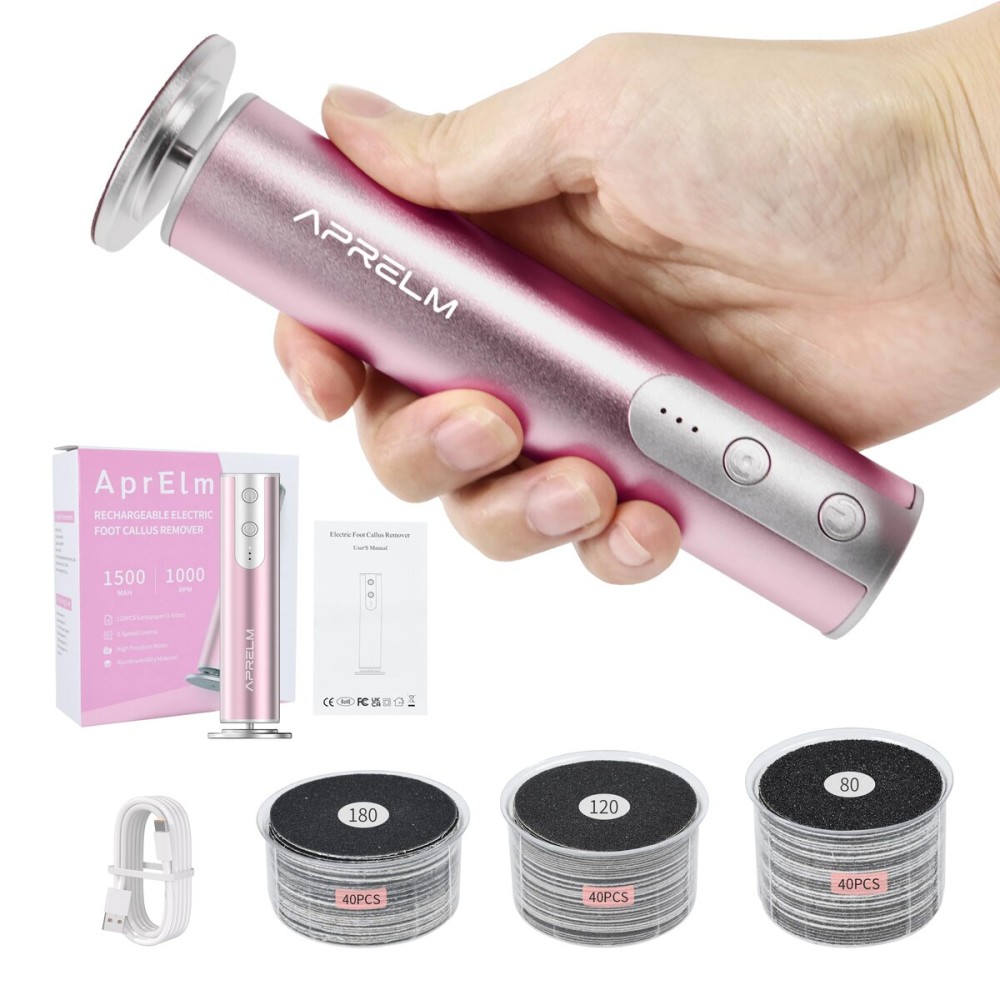 AprElm Rechargeable Electric Foot Callus Remover with 3-Sizes 120Pcs Sandpaper Discs, Professional 900RPM 3-Speed Control Aluminum Electric Foot File (E3 Rose Pink)