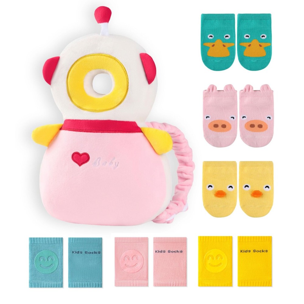 JunNeng Toddler Baby Head Protector Backpack for Toddler Walker with Knee Pads&Anti-Slip Socks, Robot Pink