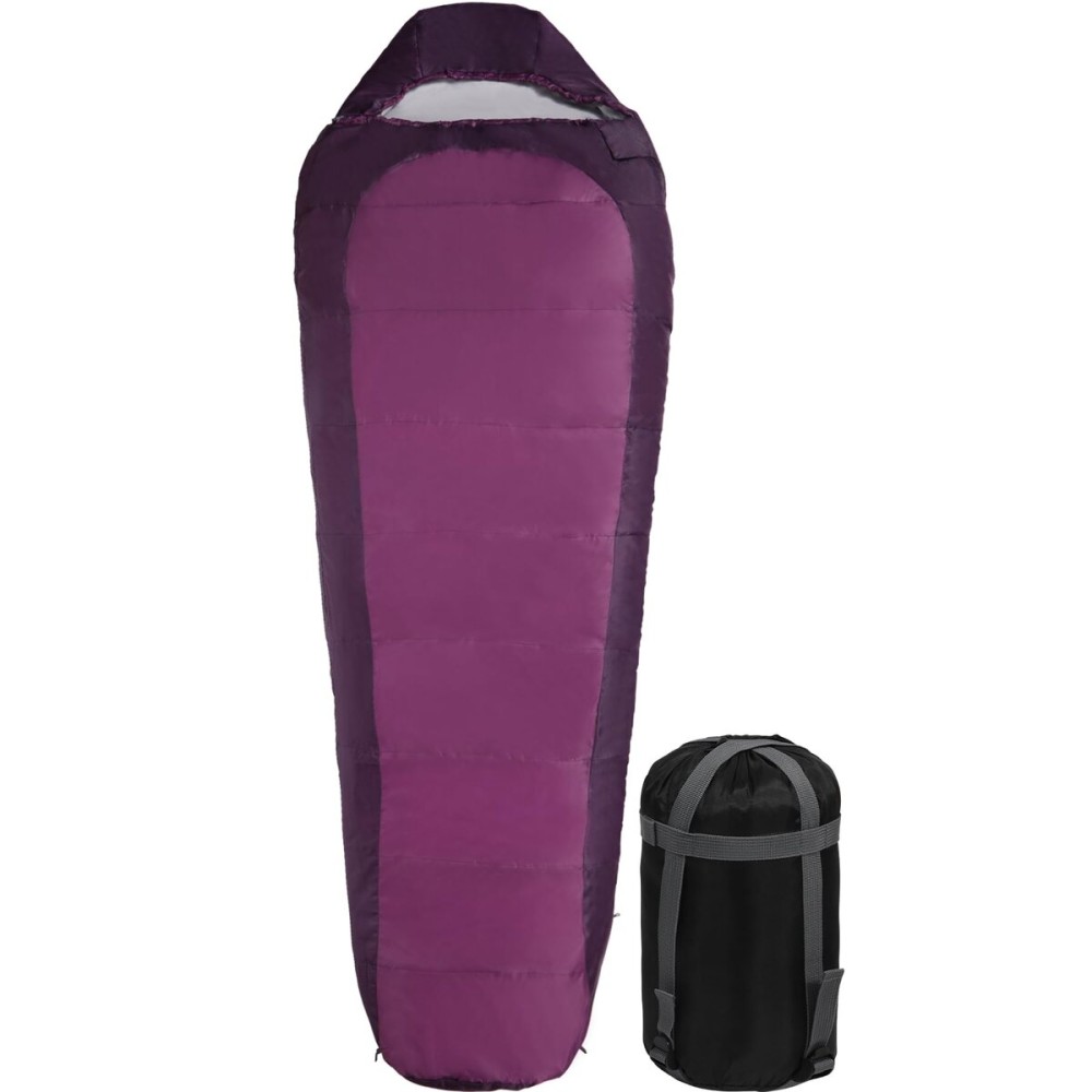 REDCAMP Ultra Lightweight Mummy Sleeping Bag for Backpacking, Hiking and Camping, Comfort for Adults Warm Weather, Hooded with Compression Sack, Purple (87x 31)