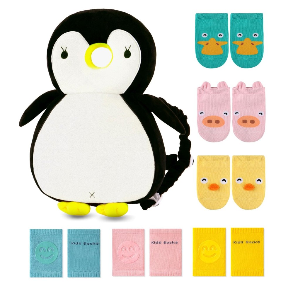 JunNeng Toddler Baby Head Protector Backpack for Toddler Walker with Knee Pads&Anti-Slip Socks, Penguin
