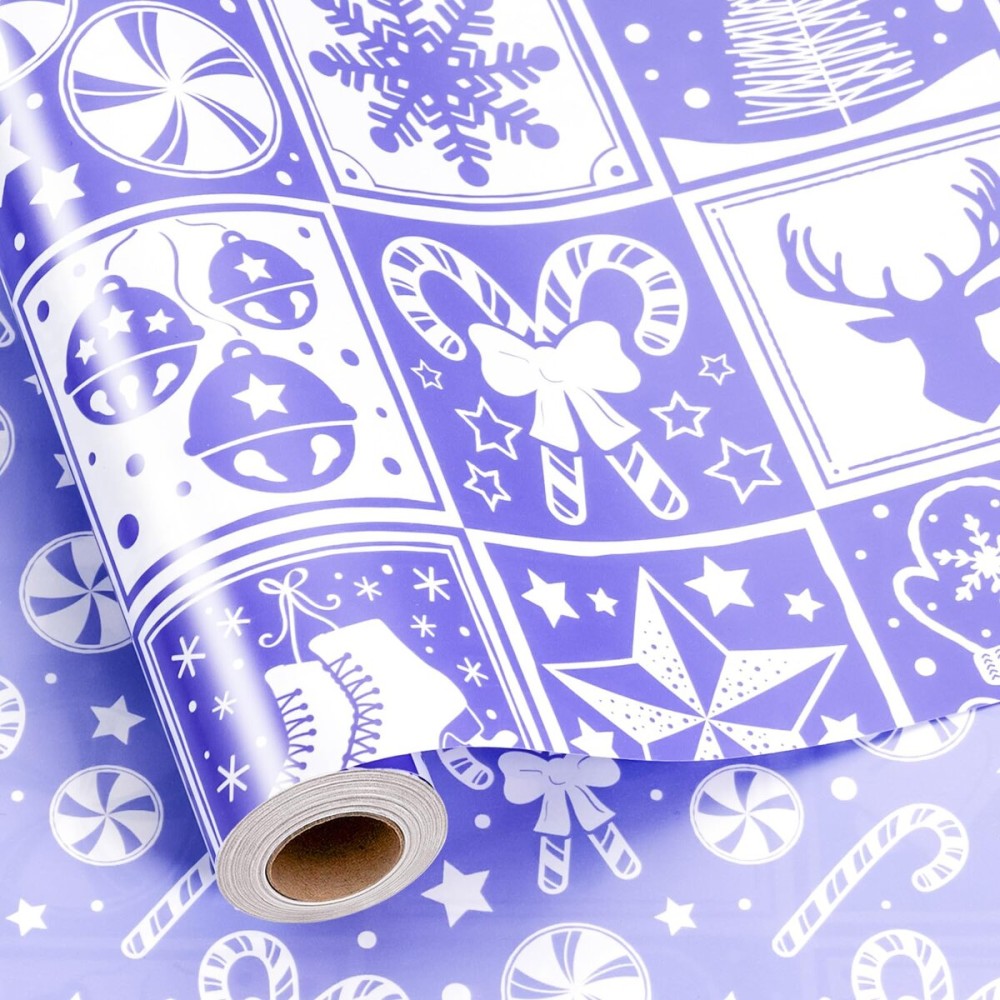 MAYPLUSS Christmas Wrapping Paper Roll, Light Purple Wrapping Paper, Girly Bell, Tree, Candy Canes Christmas Themed Wrapping Paper for Girl Holiday Gift Packaging (17 Inch X 16.5 Feet)