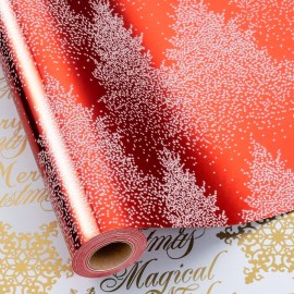 MAYPLUSS Christmas Tree Wrapping Paper, Red Wrapping Paper, Elegant Red Christmas Tree and Snowflakes Gift Wrap with Metallic Foil Shine for Holiday Gift Packaging (Mini Roll, 17 Inch X 16.5 Feet)