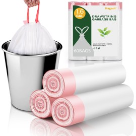 White 1.6 Gallon Trash Bags Drawstring - Unscented Small Garbage Bags for Bathroom Can Bulk Strong Thick Mini Waste Basket Plastic Liners for Home Kitchen 60 Count Magesh