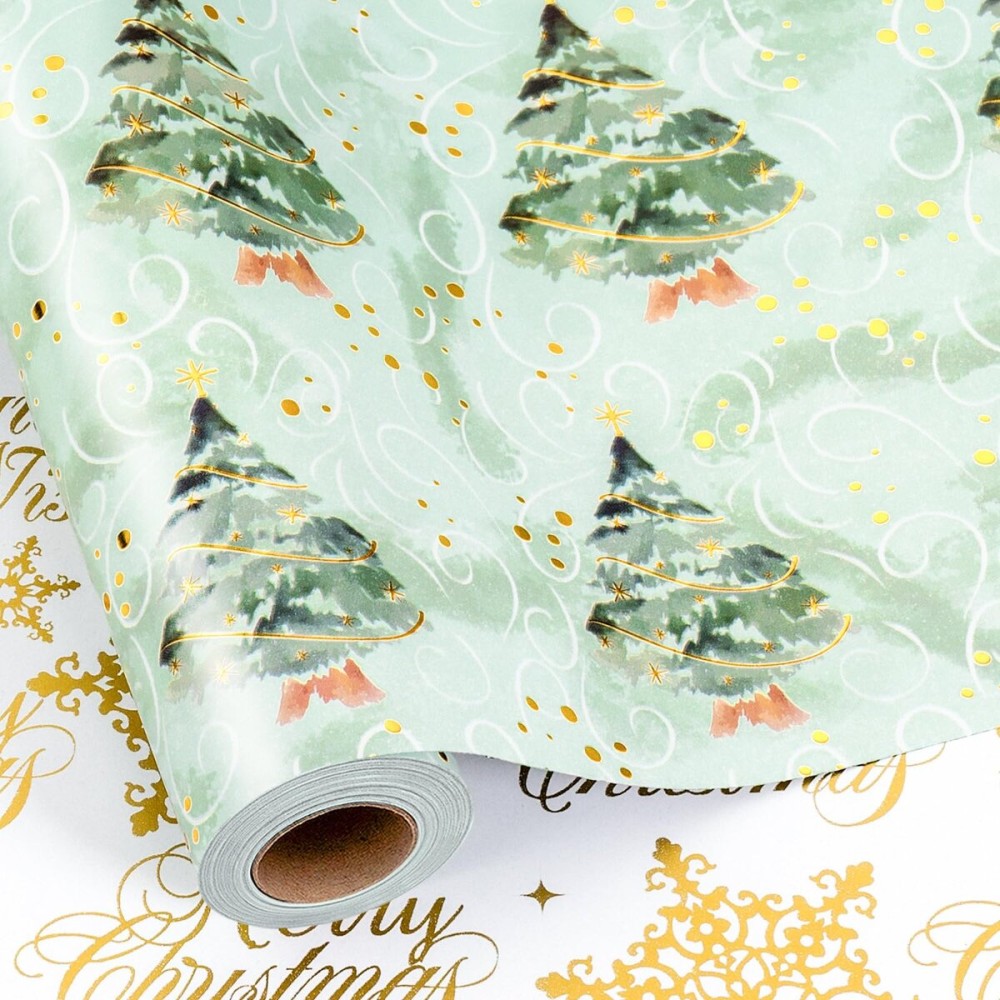 MAYPLUSS Christmas Wrapping Paper Roll, Green Tree Wrapping Paper, Watercolor Green Christmas Tree and Snowflake Gift Wrap w/Metallic Foil Shine for Holiday Gift Packaging (17 Inch X 16.5 Feet)