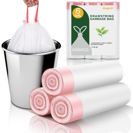 6 Gallon Trash Bags Drawstring - White Medium Kitchen Garbage Bags Plastic Unscented 60 Count 22.5 Liter Recycling Office Bathroom Waste Basket Liners Strong Thick Bulk Magesh