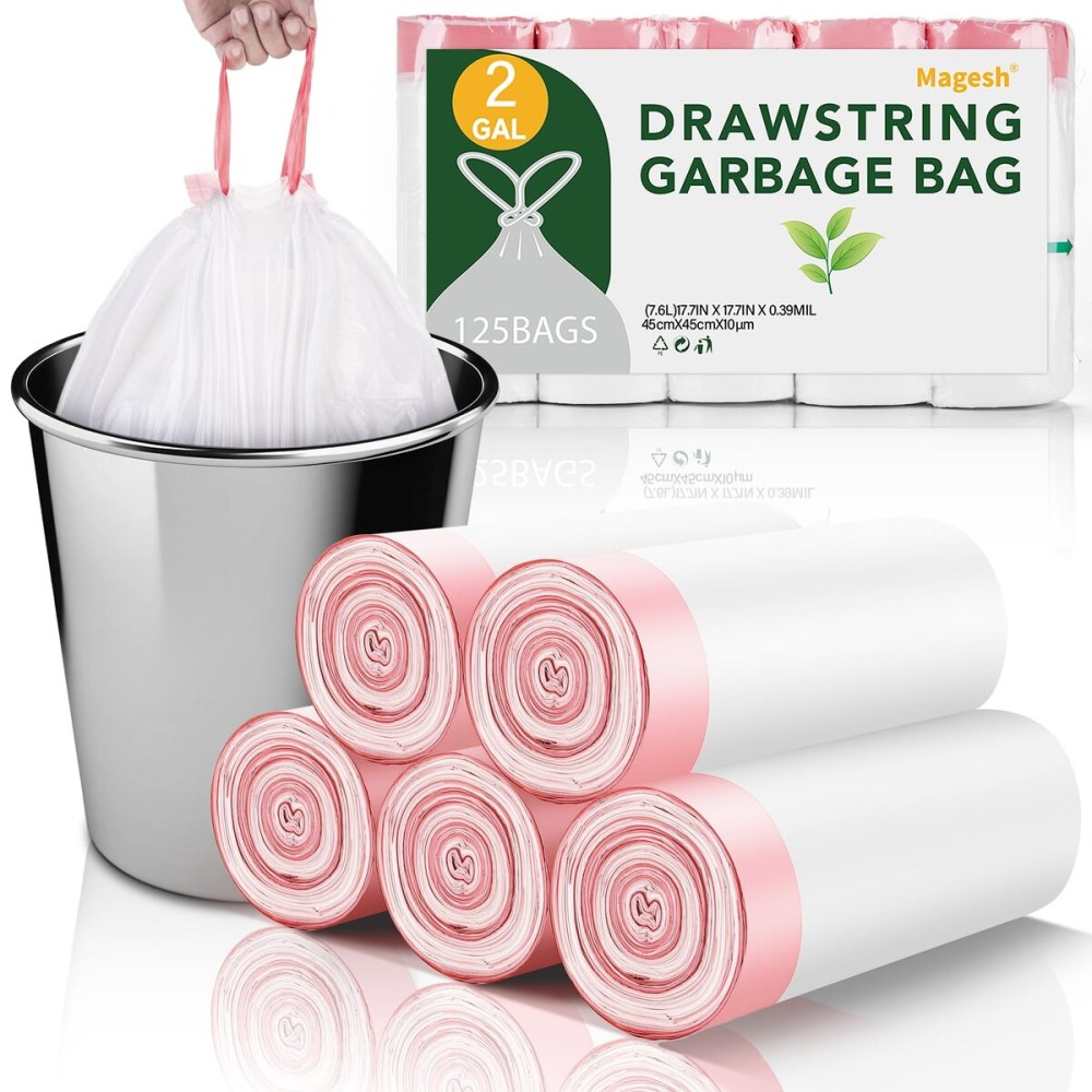 Small Trash Bags Bathroom 2 Gallon - Drawstring Kitchen Garbage Bag 125 Count Clear White Mini Unscented Strong Durable Bulk Wastebasket Plastic Liners for Car Office Can
