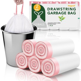 Small Trash Bags Bathroom 2 Gallon - Drawstring Kitchen Garbage Bag 125 Count Clear White Mini Unscented Strong Durable Bulk Wastebasket Plastic Liners for Car Office Can
