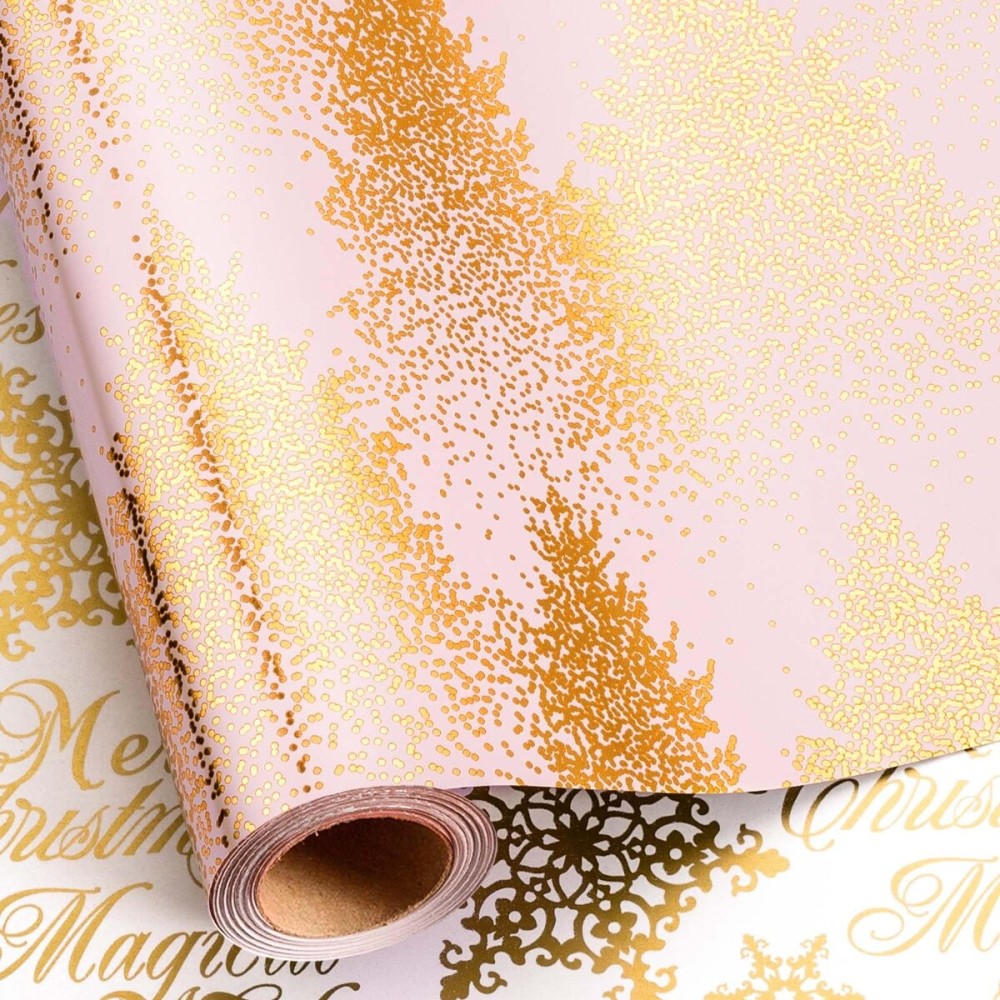 MAYPLUSS Christmas Wrapping Paper Roll, 17 Inch X 16.5 Feet Gift Wrapping Paper Featuring Gold Tree Reversible Snowflake Merry Christmas Thick Wrap Paper for Holiday Party New Year Kids