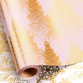MAYPLUSS Christmas Wrapping Paper Roll, 17 Inch X 16.5 Feet Gift Wrapping Paper Featuring Gold Tree Reversible Snowflake Merry Christmas Thick Wrap Paper for Holiday Party New Year Kids