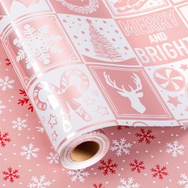 MAYPLUSS Christmas Wrapping Paper Roll, 17 Inch X 16.5 Feet Gift Wrapping Paper Featuring Gold Rose Deer Cane Candy Bell Gloves Reversible Snowflake, Thick Wrap Paper for Holiday Party New Year Kids