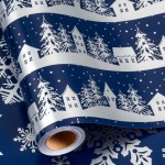 MAYPLUSS Christmas Wrapping Paper Roll, 17 Inch X 16.5 Feet Gift Wrapping Paper Featuring Navy Blue Christmas Tree House Reversible Snowflake, Thick Wrap Paper for Holiday Party New Year Kids