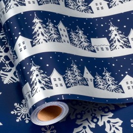 MAYPLUSS Christmas Wrapping Paper Roll, 17 Inch X 16.5 Feet Gift Wrapping Paper Featuring Navy Blue Christmas Tree House Reversible Snowflake, Thick Wrap Paper for Holiday Party New Year Kids