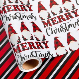 MAYPLUSS Christmas Wrapping Paper Roll, 17 Inch X 16.5 Feet Gift Wrapping Paper Featuring Gnome Merry Christmas Reversible Strip, Thick Wrap Paper for Holiday Party New Year Kids