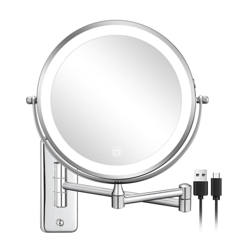 DECLUTTR Wall Mounted Lighted Makeup Mirror, Rechargeable 1X/15X Magnifying Mirror 8 Inch Double Sided, 3 Colors Vanity Mirror with Lights, Touch Dimmable 360 Rotation Foldable