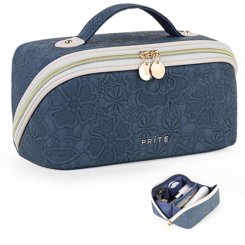 Prite Travel Cosmetic Bag Makeup Organizer Bag For Women Large Capacity Waterproof PU Leather Toiletry Bag with Handle and Clear Divider(Blue Flower)