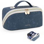 Prite Travel Cosmetic Bag Makeup Organizer Bag For Women Large Capacity Waterproof PU Leather Toiletry Bag with Handle and Clear Divider(Blue Flower)