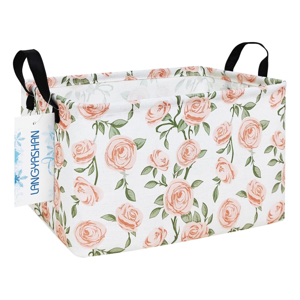 LANGYASHAN Rectangular Storage Bin Collapse Canvas Fabric Cartoon Storage Basket with Handles for Organizing Home Kitchen Boys and Girls Toys Office Closet Shelf Baskets (Rec Champagne Rose)