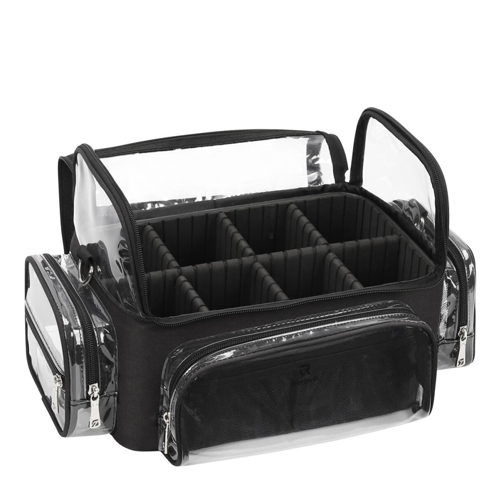 TANTO Makeup Brush Case, Clear Extra Large Cosmetic Organizer Holder Professional Makeup Artist Train Case with Adjustable Dividers&Strap Portable Makeup Brush Holder (02A-BlackXX Large)