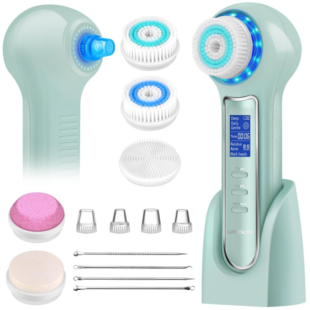 UMICKOO Face Scrubber Exfoliator,Facial Cleansing Brush Waterproof with LCD Screen,Blackhead Remover Vacuum with 5 Brush Heads,Face Spin Brush for Exfoliating (Green)