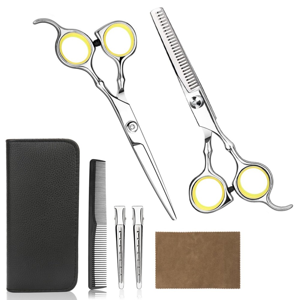 Hair Cutting Scissors Professional Home Haircutting Barber Salon Thinning Shears Kit with Comb and Case for Men/Women Yellow