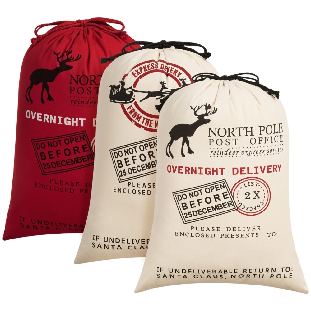 HBlife Canvas Santa Sack, 19.7 X 27.6 Inch Large Santa Bags for Gifts, Personalized Christmas Sacks for Presents with Drawstring, 3 Pack A