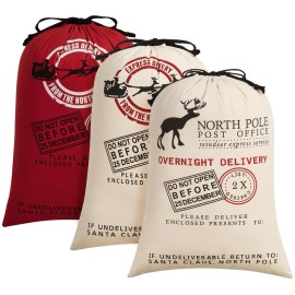 HBlife Canvas Santa Sack, 19.7 X 27.6 Inch Large Santa Bags for Gifts, Personalized Christmas Sacks for Presents with Drawstring, 3 Pack B