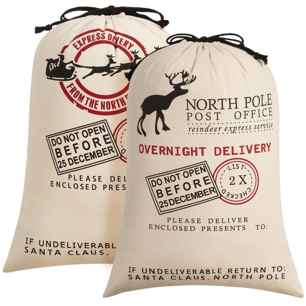 HBlife Canvas Santa Sack, 19.7 X 27.6 Inch Large Santa Bags for Gifts, Personalized Christmas Sacks for Presents with Drawstring, 2 Pack A