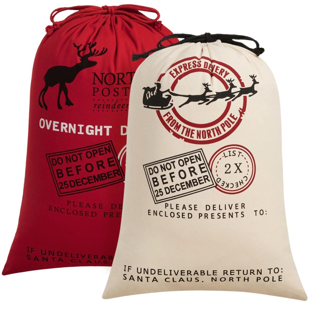 HBlife Canvas Santa Sack, 19.7 X 27.6 Inch Large Santa Bags for Gifts, Personalized Christmas Sacks for Presents with Drawstring, 2 Pack D