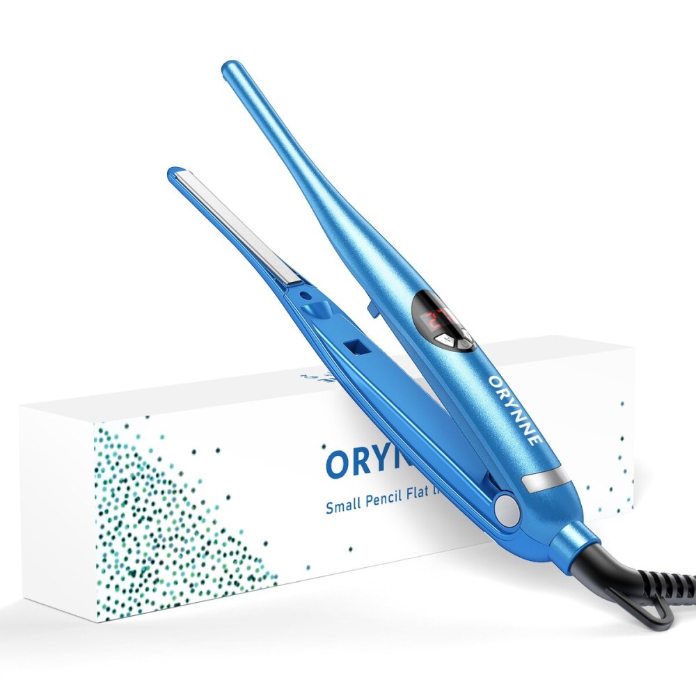 ORYNNE 3/10\'\' Small Pencil Flat Iron for Short Hair, Pixie Cut, Edges. 5s Ultra Fast Heat Up, 270-450 Adjustable Temperatures, Tourmaline Ceramic & Ionic Technology, Dual Voltage for Travel, Blue