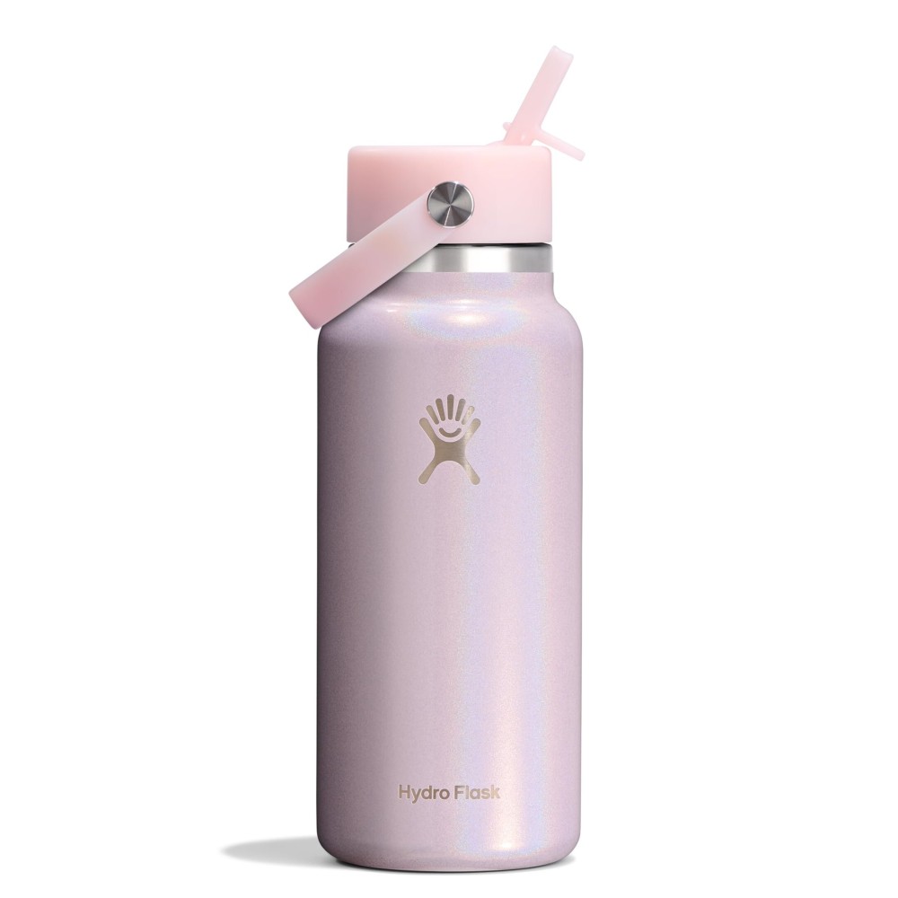 Hydro Flask Water Bottle - Insulated Stainless Steel - Wide Mouth Flex Straw Lid, Non-Spill, Leakproof and Refillable in 32 Oz Glimmer Pink