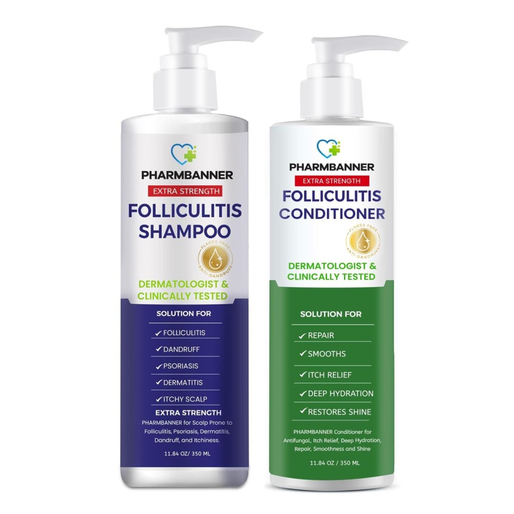 PHARMBANNER Anti-Fungal Shampoo and Conditioner Set - Tea Tree & Argan Oil for Folliculitis, Seborrheic Dermatitis, Scalp Psoriasis - Relieves Itchy, Flaky, Dry Scalp - Sulfate & Paraben Free