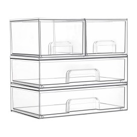 Vtopmart Stackable Storage Drawers Set of 4, Clear Plastic Organizer Bins for Bathroom Supplies,Ideal for Cabinet,Pantry,Laundry Room Organization