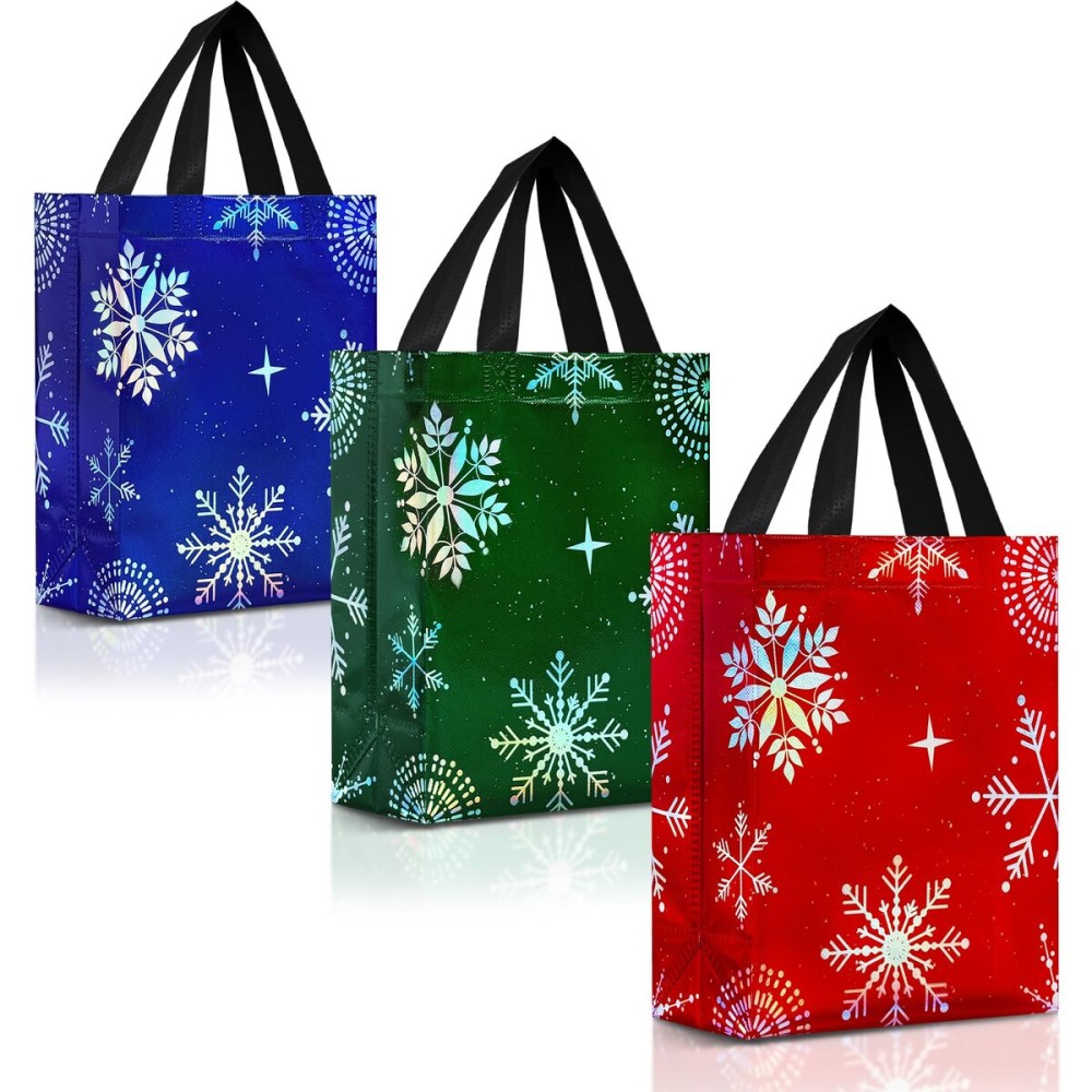 Nush Nush Snowflake Gift Bags Medium Size, Set of 12 Christmas Gift Bags with Handles (3 Each of Blue, Green and Red Colors) - Reusable Christmas Bag for Xmas Presents, Holidays - 8Wx4Dx10H