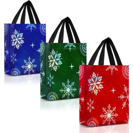 Nush Nush Snowflake Gift Bags Medium Size, Set of 12 Christmas Gift Bags with Handles (3 Each of Blue, Green and Red Colors) - Reusable Christmas Bag for Xmas Presents, Holidays - 8Wx4Dx10H