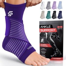 Sleeve Stars Ankle Brace for Women & Men, Ankle Wrap for Sprained Ankle, Compression Sleeve for Plantar Fasciitis Relief, Easy Customizable Support: w/Removable Strap (Single/L:12-13/Dark Purple)