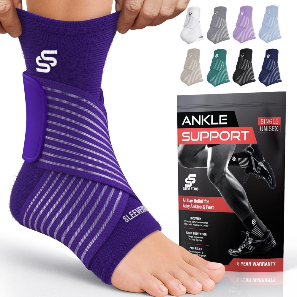Sleeve Stars Ankle Brace for Women & Men, Ankle Wrap for Sprained Ankle, Compression Sleeve for Plantar Fasciitis Relief, Easy Customizable Support: w/Removable Strap (Single/S:9-10/Dark Purple)