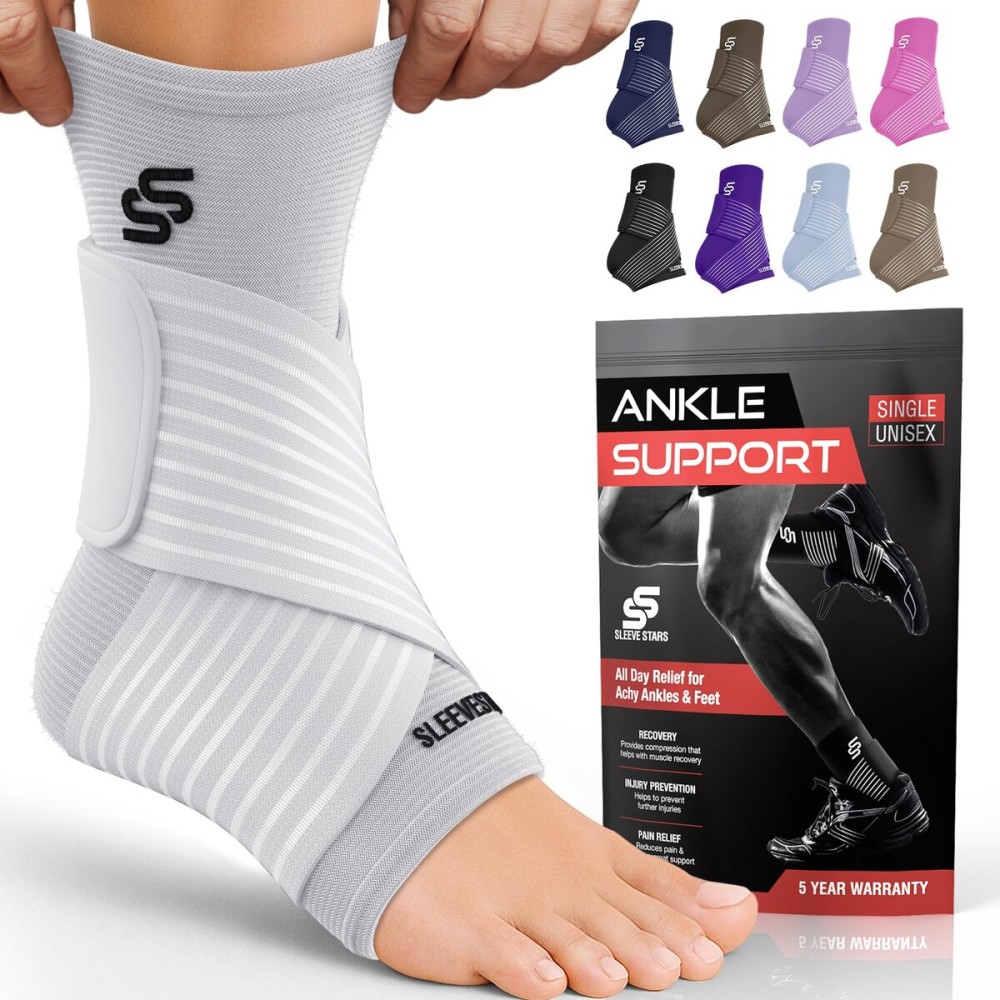 Sleeve Stars Ankle Brace for Women & Men, Ankle Wrap for Sprained Ankle, Compression Sleeve for Plantar Fasciitis Relief, Easy Customizable Support: w/Removable Strap (Single/L:12-13/White)