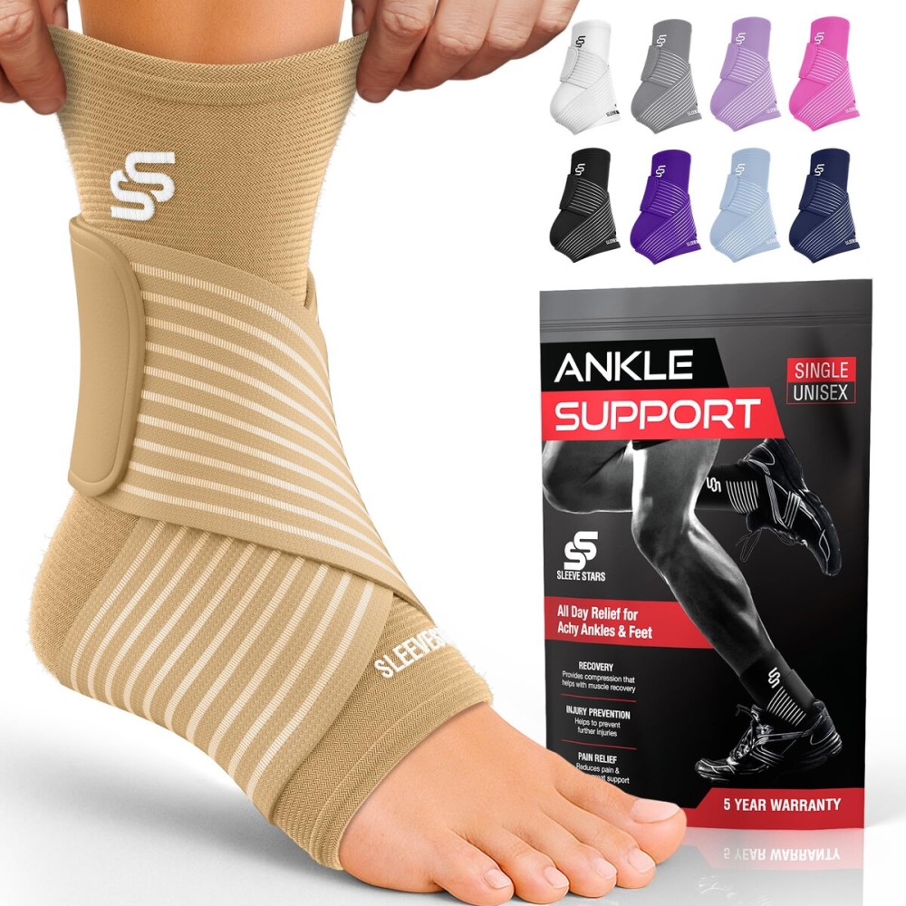 Sleeve Stars Ankle Brace for Women & Men, Ankle Wrap for Sprained Ankle, Compression Sleeve for Plantar Fasciitis Relief, Easy Customizable Support: w/Removable Strap (Single/S:9-10/Beige)