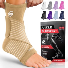 Sleeve Stars Ankle Brace for Women & Men, Ankle Wrap for Sprained Ankle, Compression Sleeve for Plantar Fasciitis Relief, Easy Customizable Support: w/Removable Strap (Single/S:9-10/Beige)