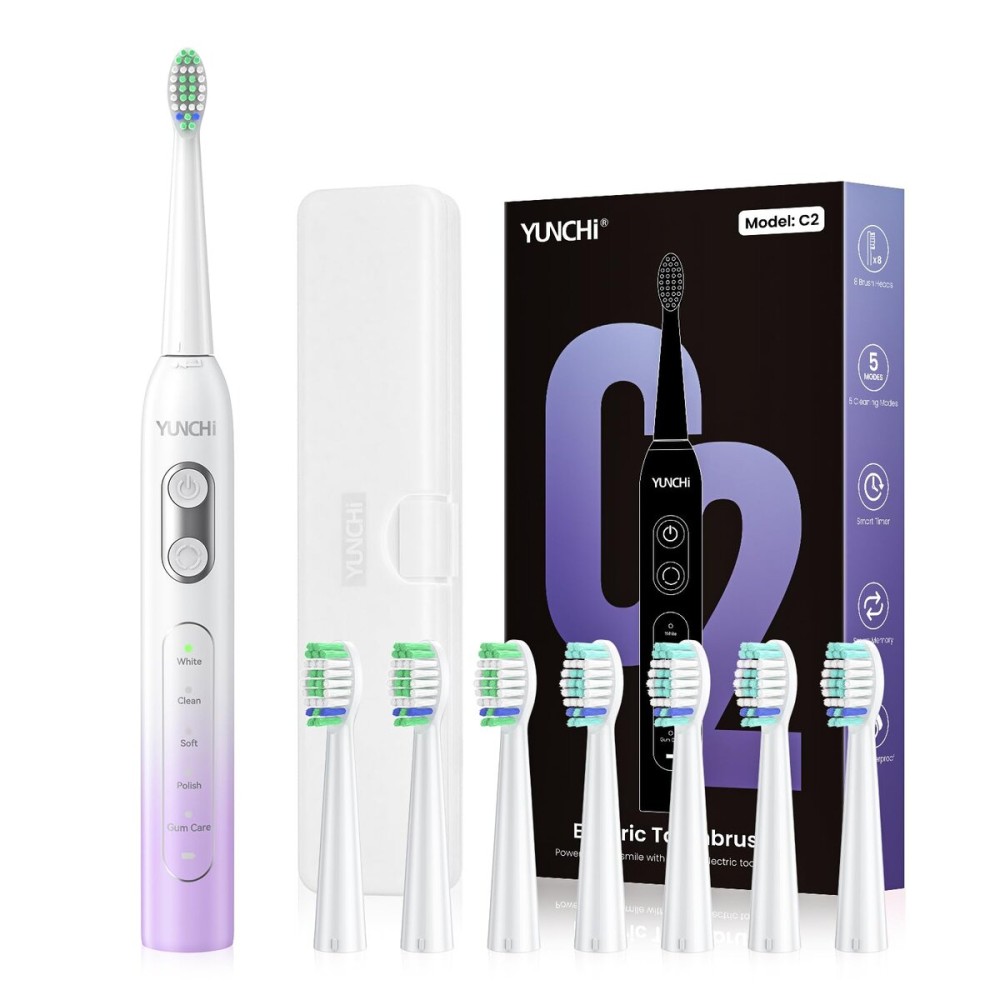 YUNCHI Electric Toothbrush for Adults and Kids, Travel Electric Toothbrush & Case, Sonic Rechargeable Toothbrushes, 90 Days, 8 Brush Heads, 2 Min Timer, IPX7 Waterproof, 5 Modes, Purple White Gradient
