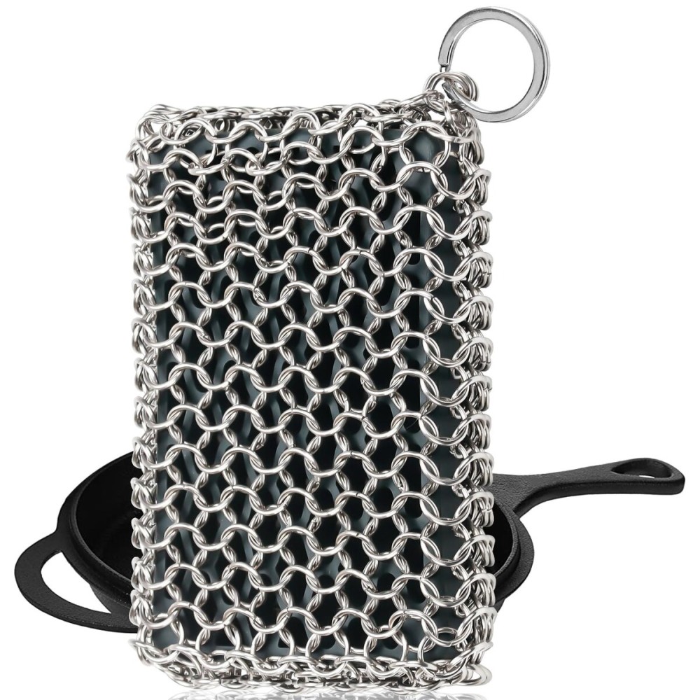 Herda Chain Mail Cast Iron Cleaner Scrubber,316 Chainmail Pan Scrubber Metal Cleaning Brush, Pad, Sponge Scraper to Clean Skillet,Dutch Oven, Wok,Grill Griddle,Chain Link Scrub Brush Pot Care Kit
