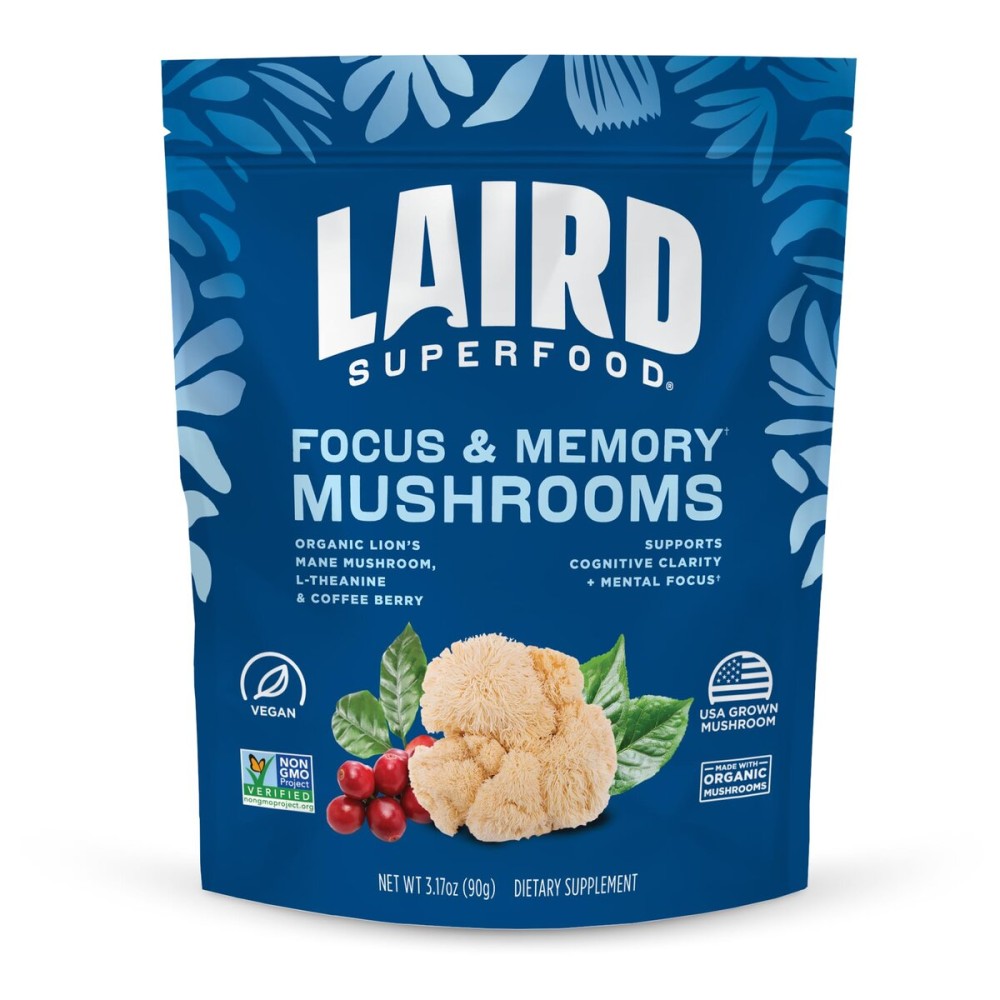 Laird Superfood Organic Focus and Memory Mushroom Blend with Lions Mane, L-Theanine, and Coffee Berry, 3.17 oz. Bag, Pack of 1
