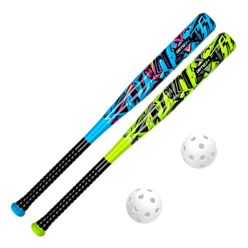 Ortiz34 Bat & Ball Set - Graffiti Plastic Bat & Ball Homerun Set- David Ortiz Backyard Baseball Set for Youth, Kids, Teenagers, Adults (2 Pack Bat & Ball Set, Blue/Purple/Volt)