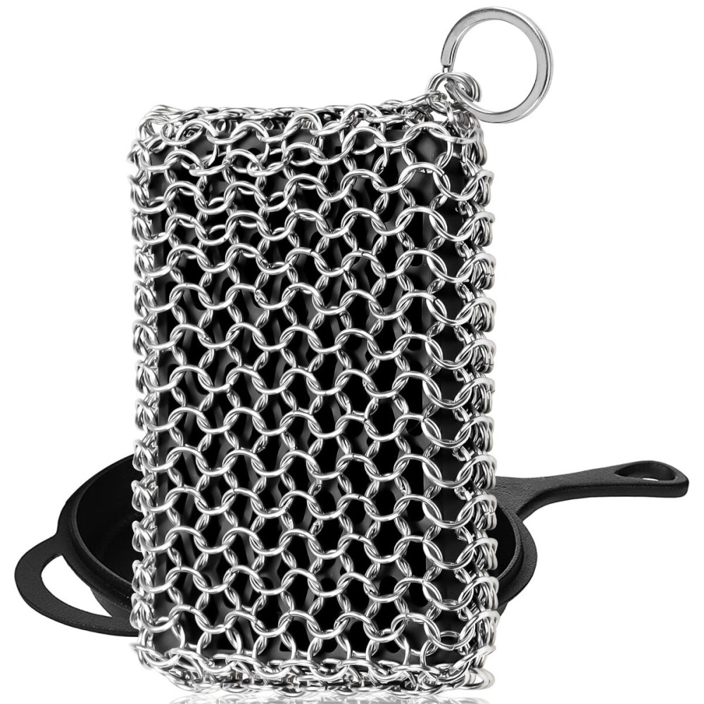 Herda Chain Mail Cast Iron Cleaner Scrubber,316 Chainmail Pan Scrubber Metal Cleaning Brush, Pad, Sponge Scraper to Clean Skillet,Dutch Oven, Wok,Grill Griddle,Chain Link Scrub Brush Pot Care Kit