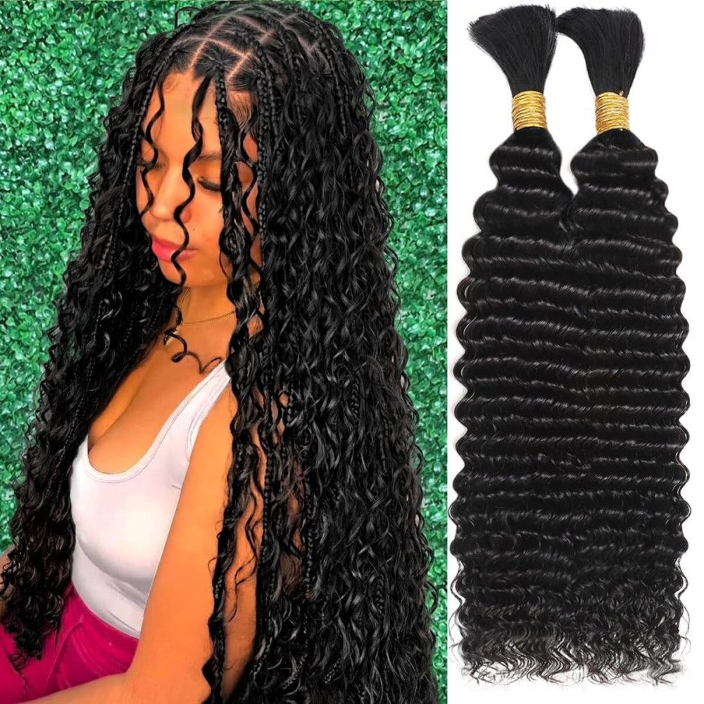 Human Braiding Hair for Boho Braids 22 Inch 110g Deep Wave Bulk Human Hair for Braiding No Weft 12A Curly Human Hair Extensions for Boho Braids 2 Bundle Wet and Wavy Human Hair