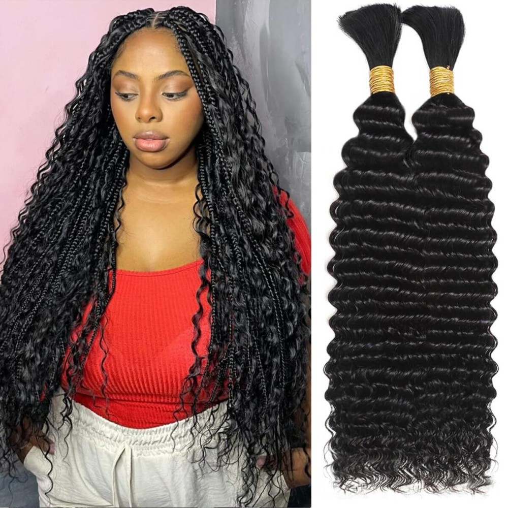 Human Braiding Hair for Boho Braids 24 Inch 110g Deep Wave Bulk Human Hair for Braiding No Weft 12A Curly Human Hair Extensions for Boho Braids 2 Bundle Wet and Wavy Human Hair